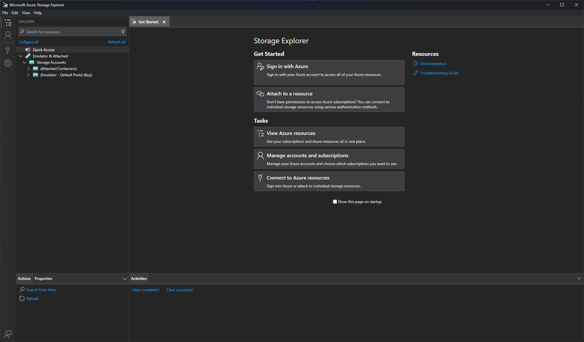 Azure Storage Explorer starting screen