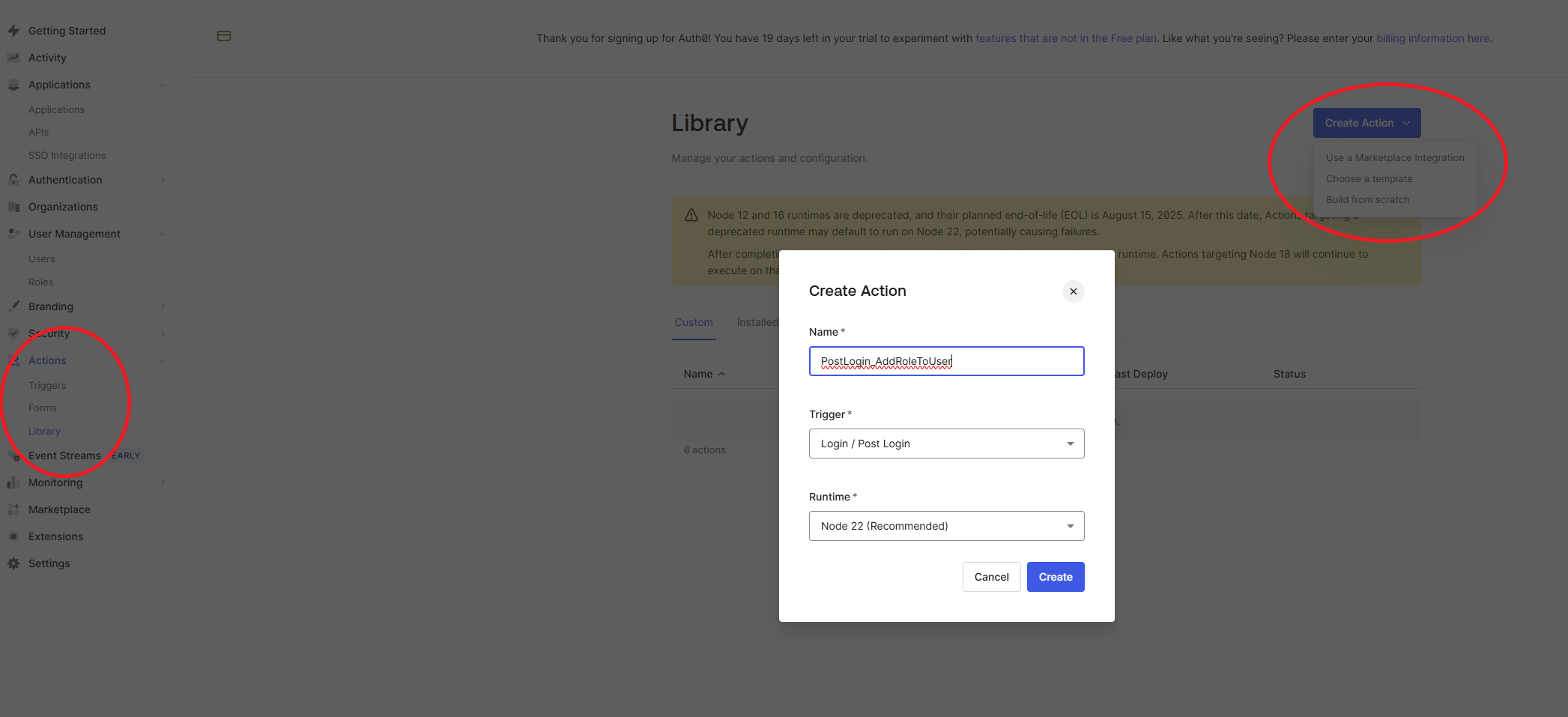 Create an action in Auth0