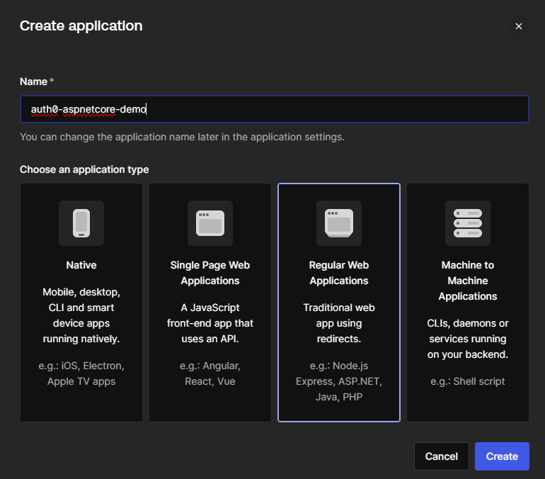 Create Auth0 Application modal