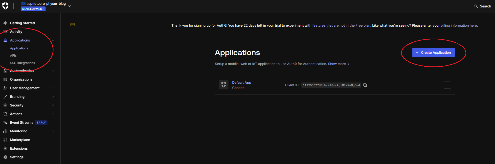 New Auth0 application