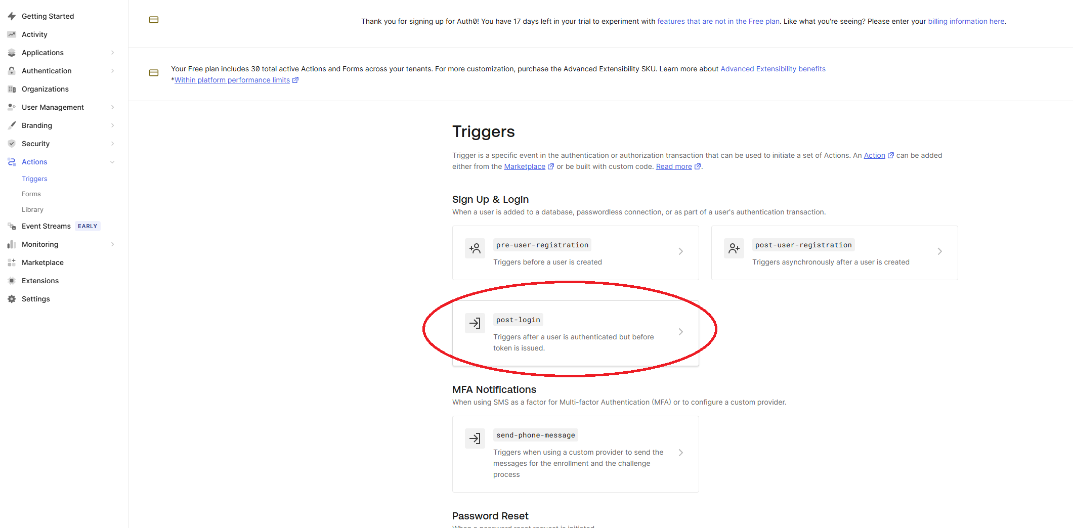 Post-login trigger selection in Auth0